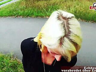 Tattooed German blonde fucks in public park during naughty pickup.