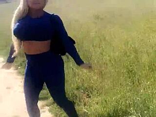 Blondes Suck Lucky Fan In Public Park!