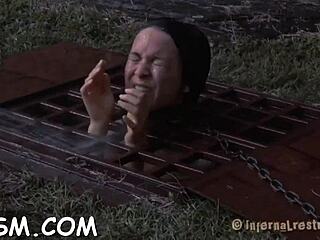 Rough hardcore couple fucking with bondage and naked slut