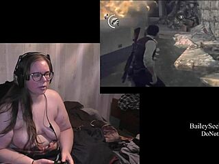 naked brunette bbw with tattoos and piercings plays through the evil within part 14, encountering monster fetish scenes
