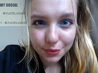 Young 18+ pornstar sucking dildo and jerking with tits on webcam