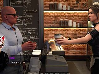 Kate is in a maid outfit, bent over, showing off her big tits in public