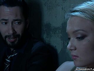 suspended blonde undergoes deep throat fucking