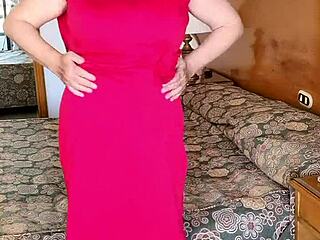 hot milf mariaold in red stockings and high heels teasing huge tits shaved pussy and ass