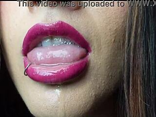 Mouth Milking with Tongue and Spit on Lactating Latina Brunette in Fishnets