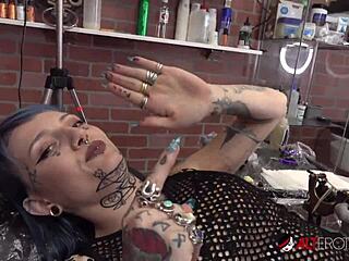 River Dawn Ink Gets Pierced And Tattooed, Then Rides Hardcore In The Shop With Small Tits