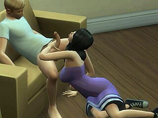 anime couple performs intense blowjob on sofa