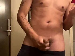 Solo gay boy jerks big black cock in hotel 😏