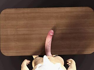 in this scene, a teen encounters a huge white dick laid out on the desk, ready for action.