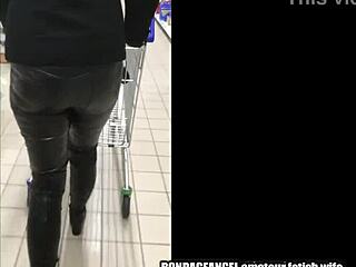 wife in latex mask and boots shopping publicly