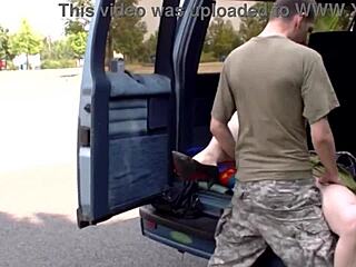 this whore catches a customer at the highway rest stop and rides his big cock in the van.