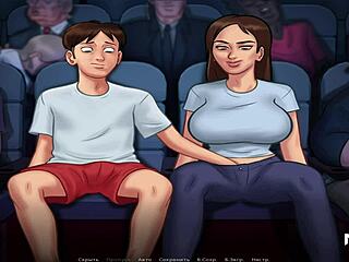 In Summertime Saga, she caresses pussy at the cinema outdoors