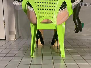 Cleaning in PVC maid outfit, dangling shoes?