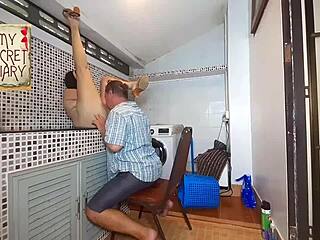 sexy maid compilation: sucking boss cock in lingerie, ripping clothes for blowjob