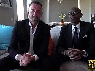 Blonde sub gagged in interracial anal