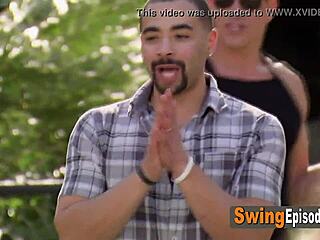 Brunette gets fucked doggystyle in group orgy