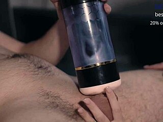 Masturbating to my boyfriend with a new male masturbator while moaning in lingerie and giving handjob until cum