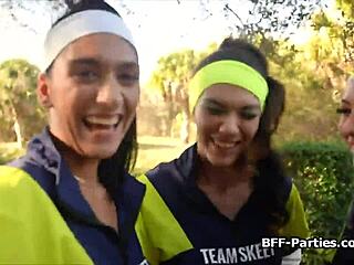 Hey, watch these sexy runners blowing a perv's big cock!