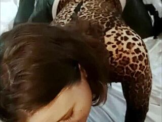 French Amateur in Black Leather Pants and Thong Gets Rimming and Doggy POV