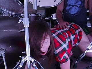 Stepmom stuck in drum set, stepson bangs her hard