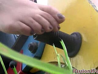 Outdoor European Babe Playing With Feet In Heels