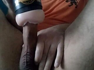 white boy masturbates fat uncut cock with pocket pussy, moans and cums inside