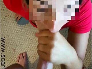 horny teacher deepthroats and jerks off a big cock before school, draining his balls.