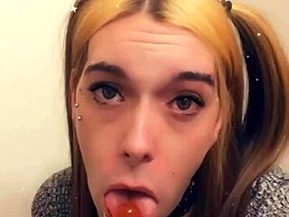 Hey, watch this cute trans teen tease her pretty cock with a POV blowjob