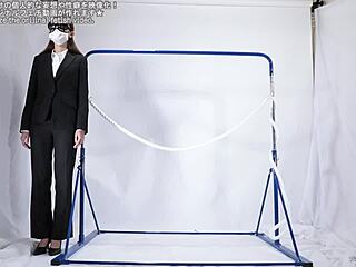 woman masturbating intensely over rope in fetish scene