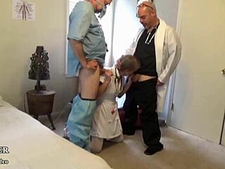 Compliant nurse in heels gets double penetrated by two doctors! Anal and facial cumshot follow.