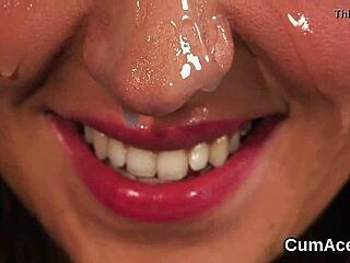 Frisky looker receives jizz shot on face while eating juice