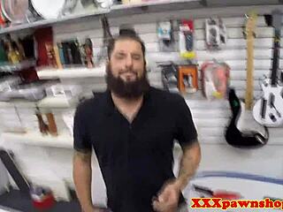 Ebony babe starts stripteasing for the pawnbroker in a hidden cam reality.