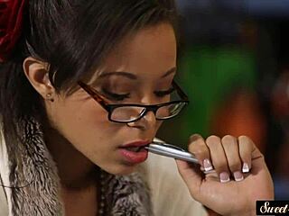 Ebony teen sucks cock and gets banged in poses