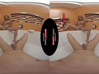 Blonde in Bathroom Sneakily Rides and Blows Tattooed Cock