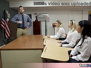 Three petite pupils offer pussy to lucky teacher