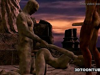 3d cartoon zombie babe double teamed outdoors