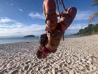 Anomaly Dark in shibari bondage with small tits exposed