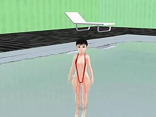 Anime Girl Swims In Small Micro Bikini With Nip Slip