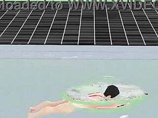 Anime Girl Swims In Small Micro Bikini With Nip Slip