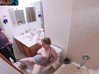 Stepmom masturbates in bathroom. She invites stepson for a wild creampie ride