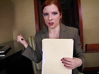 Petite redhead accountant lady fyre turns wild in office, spreading pussy for big cock femdom action. Full version reveals dirty talk.