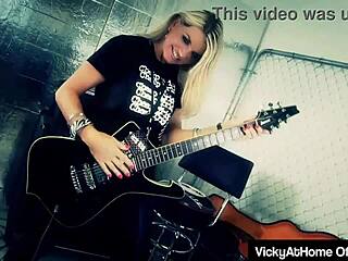 hot groupie vicky vette gives blowjob to big cock, gaping pussy lips until cum on big tits.