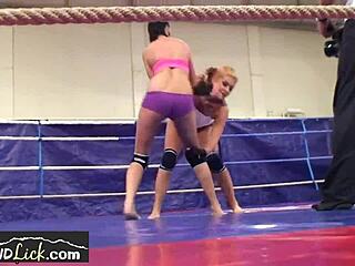lesbian euro chicks wrestle in a boxing ring, makin some errors