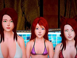 Blonde milf in erotic anime game with redhead