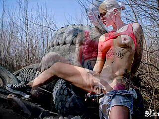 Watch this sexy queen hot bitch with tattoos masturbate with dildo and toys in public, getting juicy pussy orgasm? Close-up view!