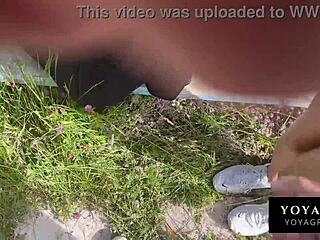 risky public sex with hot tall brunette babe in etno village