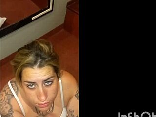 Latina blonde slut gives deepthroat blowjob to friend with cumshot