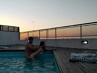 Cute Sexy Barefoot Babe Cums Intensely In Pool At Sunset