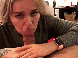 Deep Blowjob from Small Blonde Slut with Big Tits. She Deepthroats Monster Cock for Homemade Cumshot.