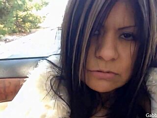 Latina Gabby Quinteros finger fucks herself hard on the codriver seat.